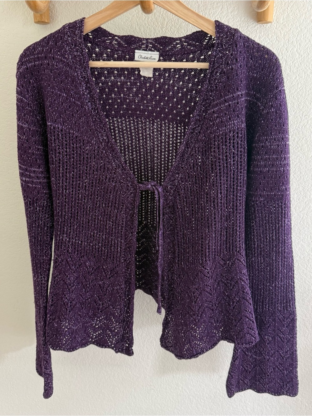 Y2K Charlotte Russe Purple Open Knit Tie Front Cardigan Sweater Bell Sleeve